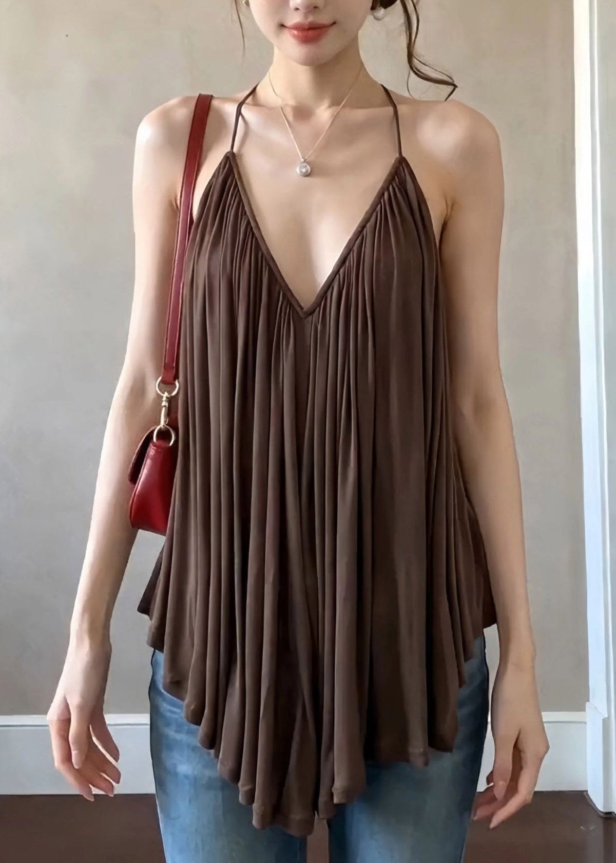 French Coffee V Neck Halter Wrinkled Solid Vest Sleeveless