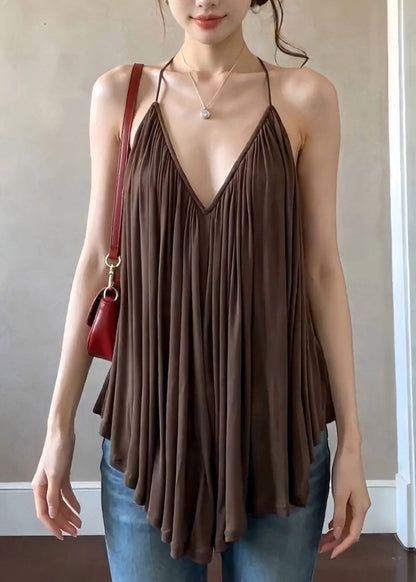 French Coffee V Neck Halter Wrinkled Solid Vest Sleeveless