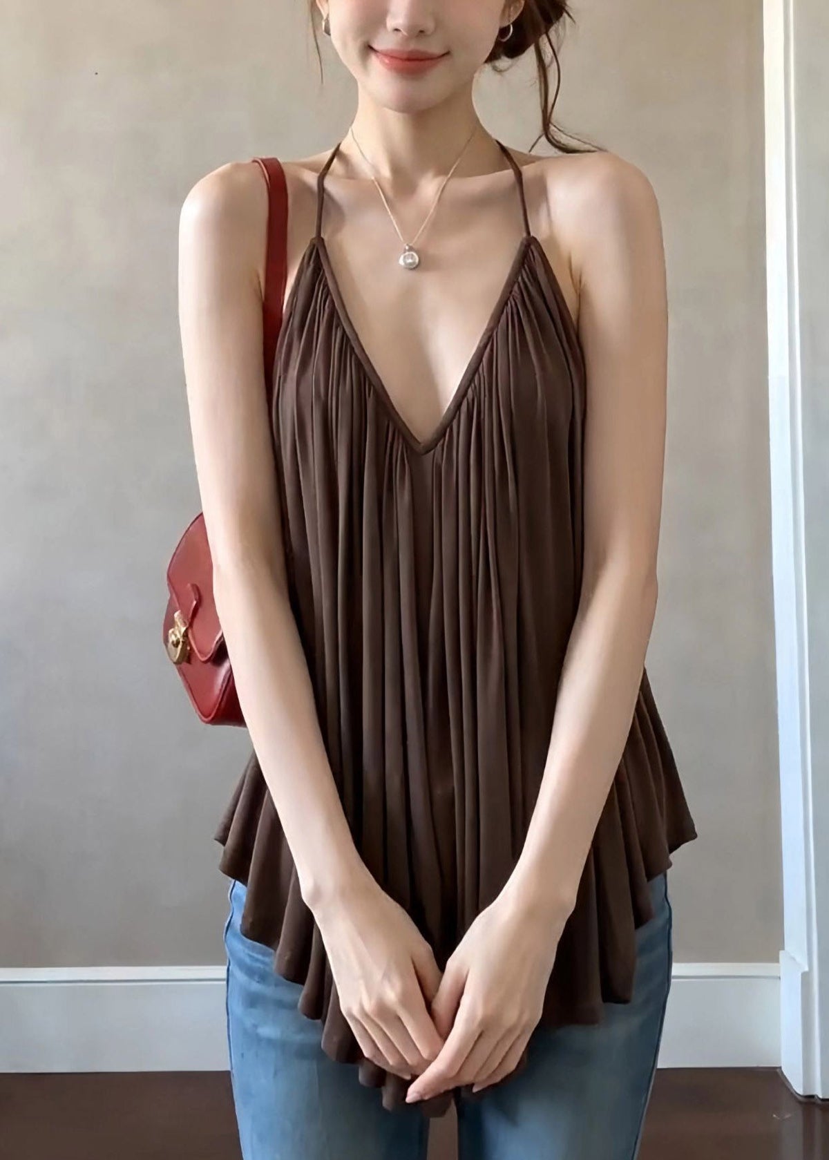 French Coffee V Neck Halter Wrinkled Solid Vest Sleeveless