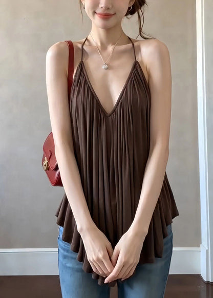 French Coffee V Neck Halter Wrinkled Solid Vest Sleeveless