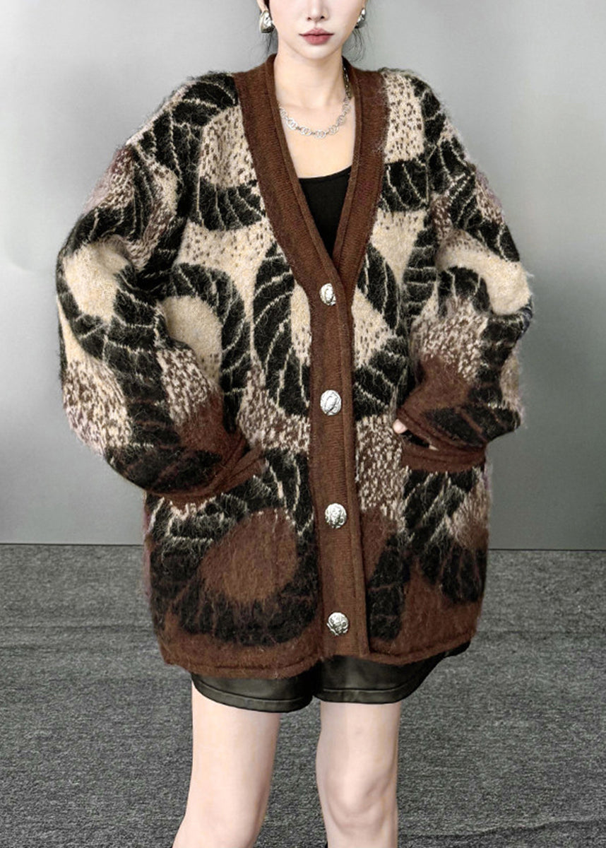 French Coffee V Neck Jacquard Pockets Knit Cardigan Fall