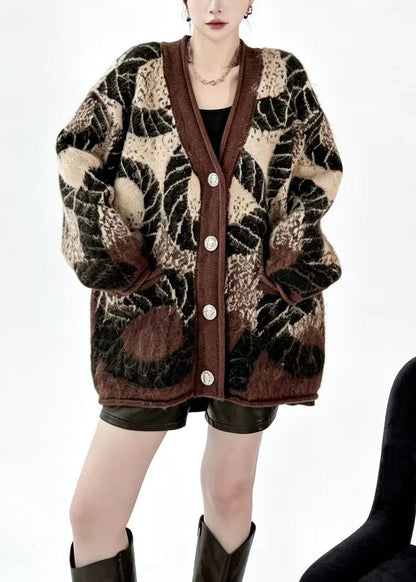 French Coffee V Neck Jacquard Pockets Knit Cardigan Fall
