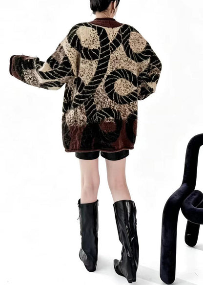 French Coffee V Neck Jacquard Pockets Knit Cardigan Fall