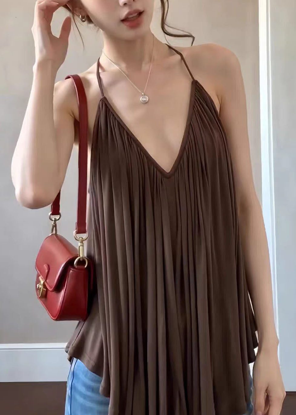French Coffee V Neck Wrinkled Chiffon Spaghetti Strap Top Sleeveless