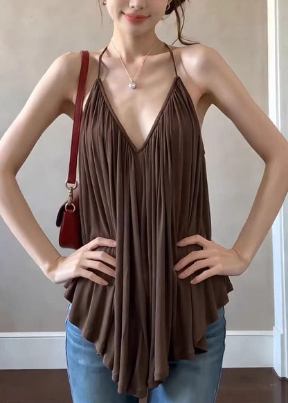 French Coffee V Neck Wrinkled Chiffon Spaghetti Strap Top Sleeveless