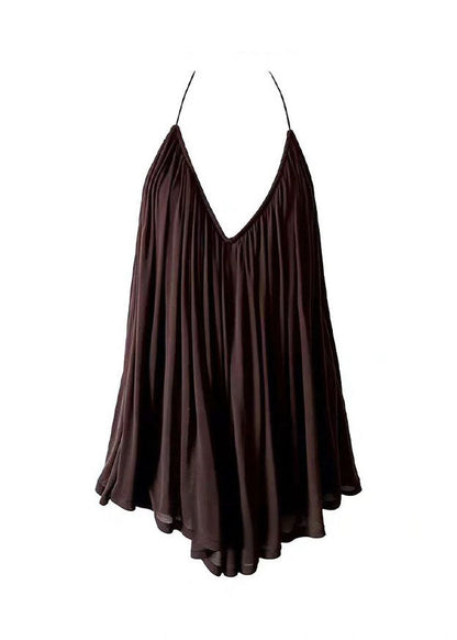 French Coffee V Neck Wrinkled Chiffon Spaghetti Strap Top Sleeveless