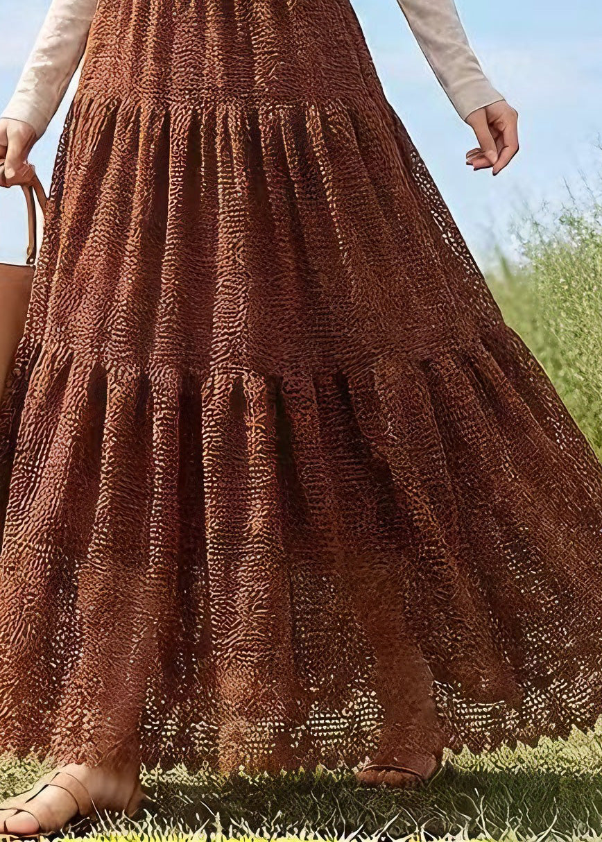 French Coffee Wrinkled Patchwork Hollow Out Lace Skirts Spring
