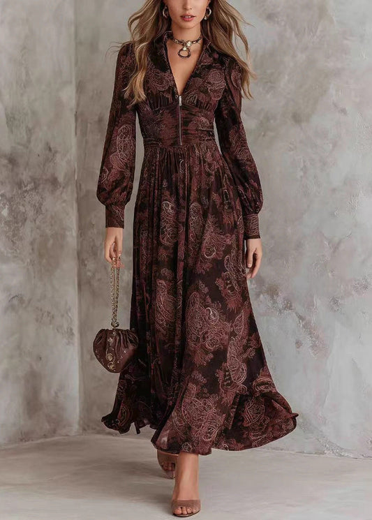 French Coffee Zippered Patchwork Long Dress Fall