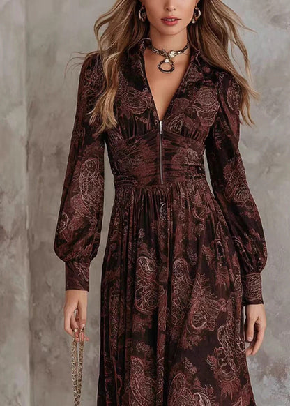 French Coffee Zippered Patchwork Long Dress Fall