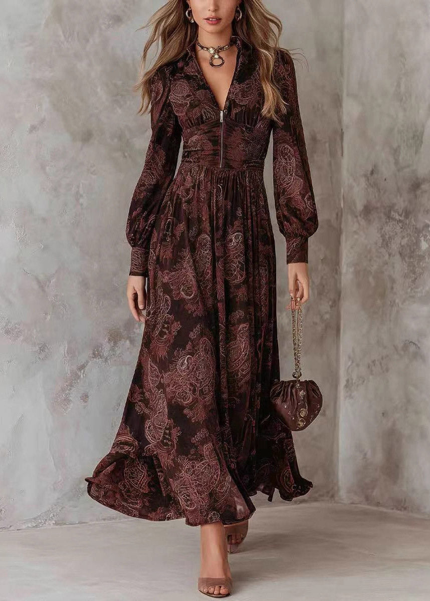 French Coffee Zippered Patchwork Long Dress Fall