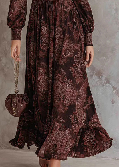 French Coffee Zippered Patchwork Long Dress Fall