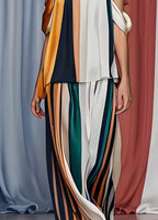 French Cold Shoulder Striped Silk Tops And Pants Set Sleeveless