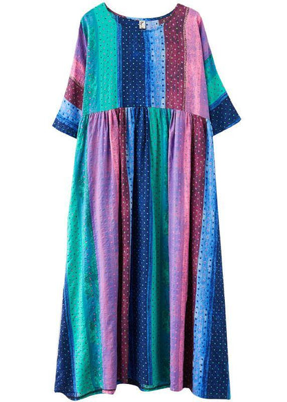 French Color Block Striped Print Loose Summer Vacation Dresses Half Sleeve - SooLinen