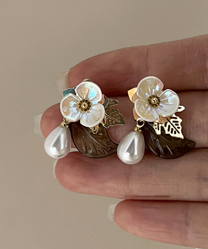 French Colorblock Acrylic Alloy Pearl Floral Water Droplet Stud Earrings