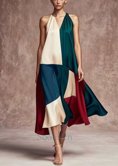 French Colorblock Asymmetrical Patchwork Silk Party Dress Summer