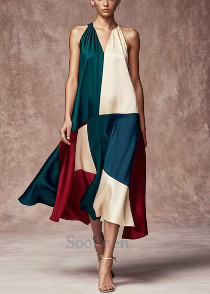 French Colorblock Asymmetrical Patchwork Silk Party Dress Summer