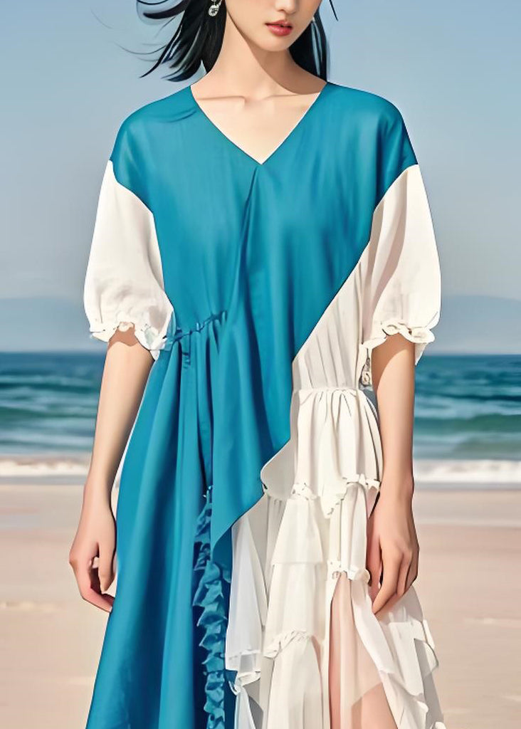 French Colorblock Asymmetrical Ruffled Patchwork Chiffon Dresses Summer