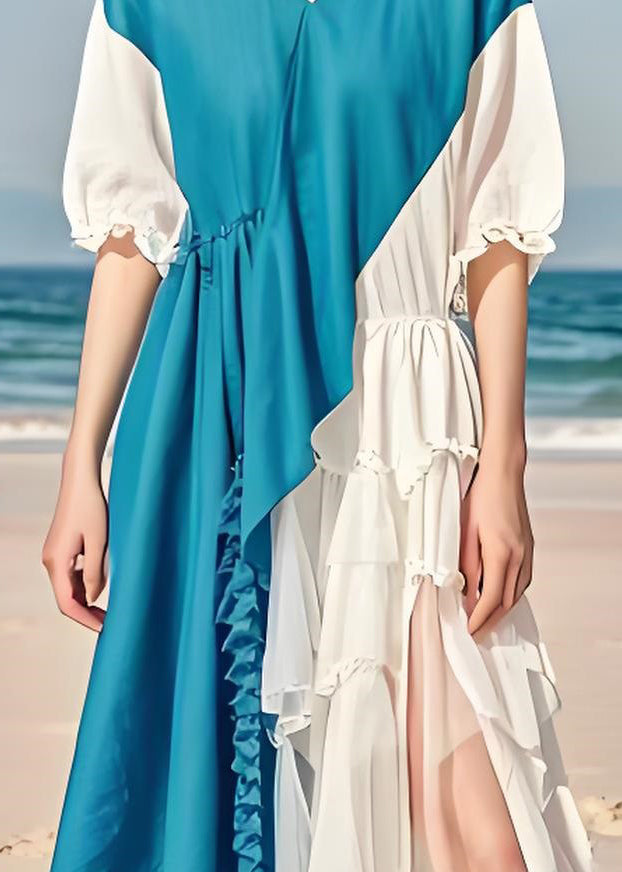 French Colorblock Asymmetrical Ruffled Patchwork Chiffon Dresses Summer