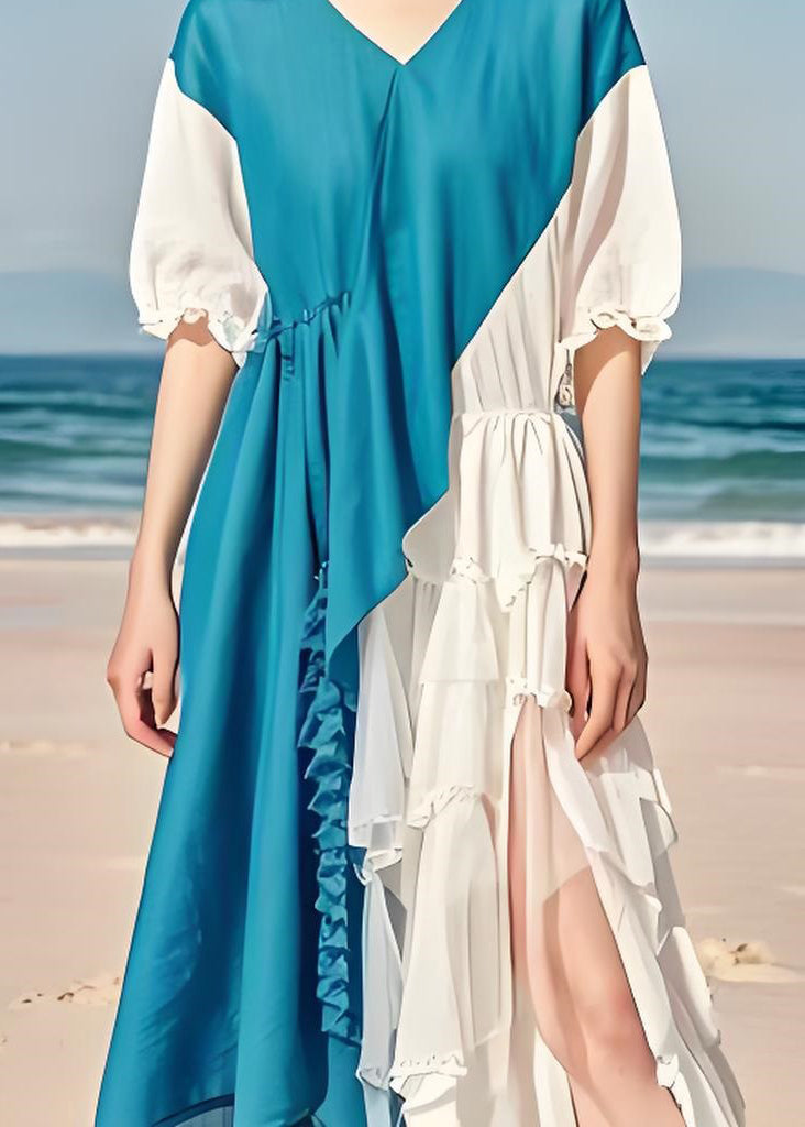 French Colorblock Asymmetrical Ruffled Patchwork Chiffon Dresses Summer