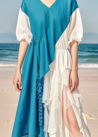 French Colorblock Asymmetrical Ruffled Patchwork Chiffon Dresses Summer