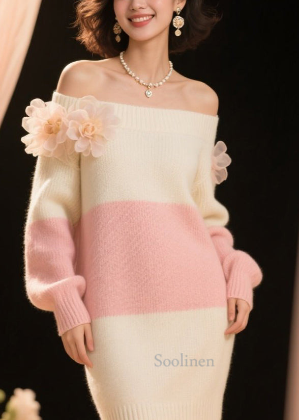 French Colorblock Cold Shoulder Floral Knitted Dress Fall