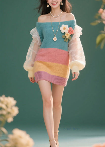 French Colorblock Cold Shoulder Tulle Floral Knit Dress Fall