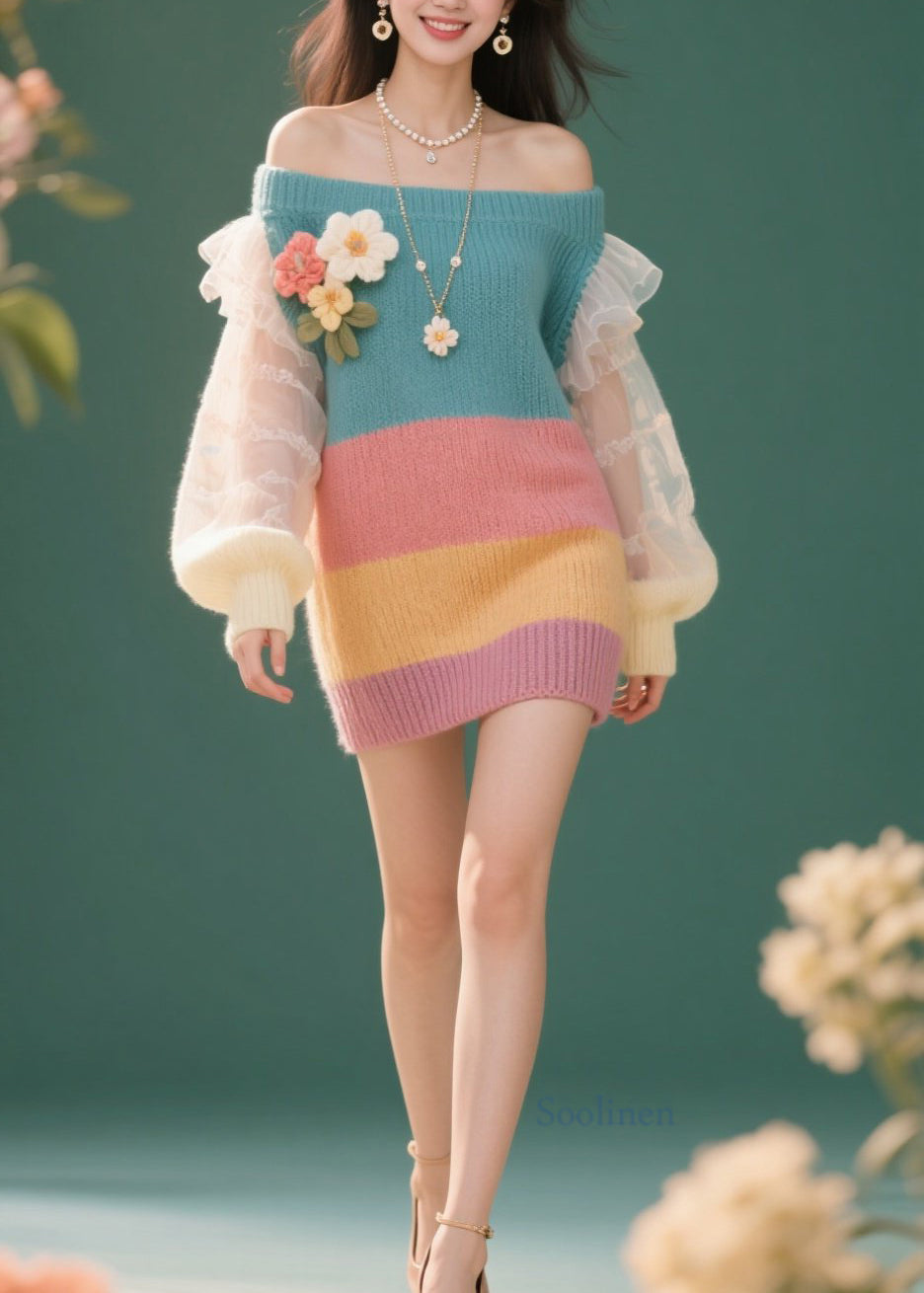 French Colorblock Cold Shoulder Tulle Floral Knit Dress Fall