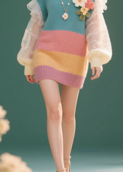 French Colorblock Cold Shoulder Tulle Floral Knit Dress Fall