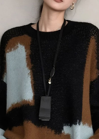 French Colorblock O Neck Cozy Knit Sweater Winter