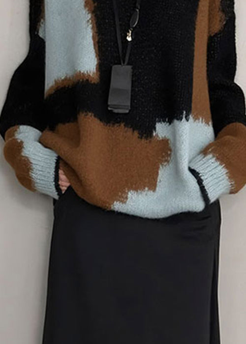 French Colorblock O Neck Cozy Knit Sweater Winter