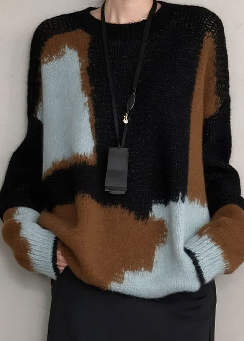 French Colorblock O Neck Cozy Knit Sweater Winter