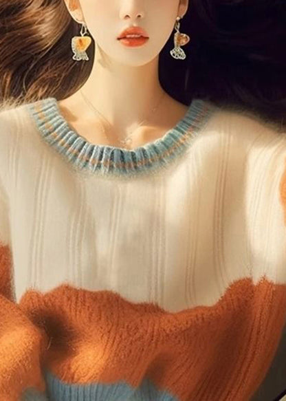 French Colorblock O Neck Thick Knit Short Sweater Winter