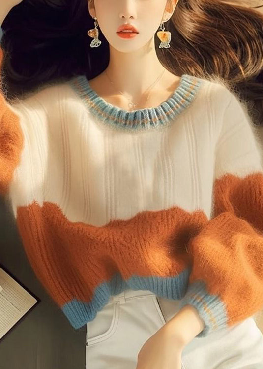 French Colorblock O Neck Thick Knit Short Sweater Winter