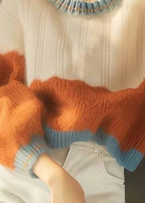 French Colorblock O Neck Thick Knit Short Sweater Winter