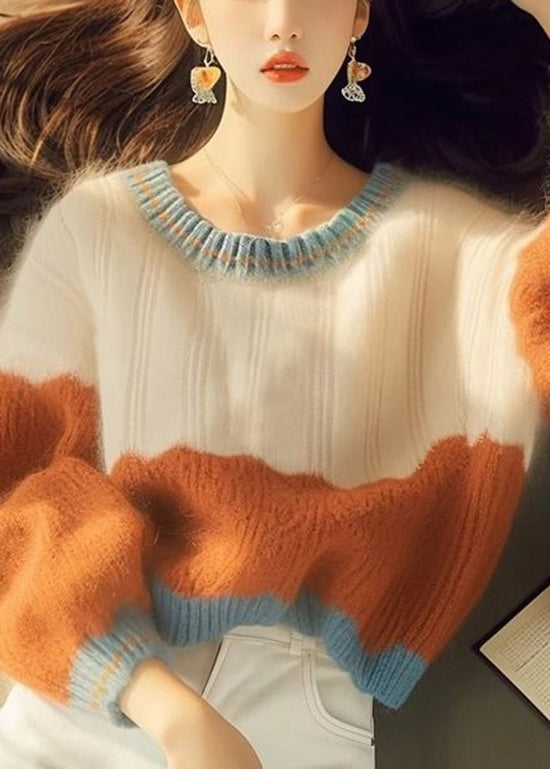 French Colorblock O Neck Thick Knit Short Sweater Winter