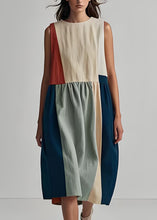 Load image into Gallery viewer, French Colorblock O Neck Wrinkled Patchwork Linen Dress Sleeveless
