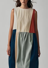 Load image into Gallery viewer, French Colorblock O Neck Wrinkled Patchwork Linen Dress Sleeveless