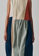 Load image into Gallery viewer, French Colorblock O Neck Wrinkled Patchwork Linen Dress Sleeveless