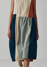 Load image into Gallery viewer, French Colorblock O Neck Wrinkled Patchwork Linen Dress Sleeveless