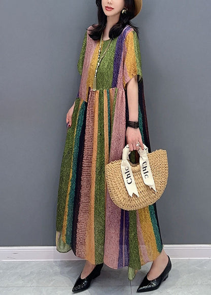 French Colorblock O Neck Wrinkled Patchwork Silk Dress Summer