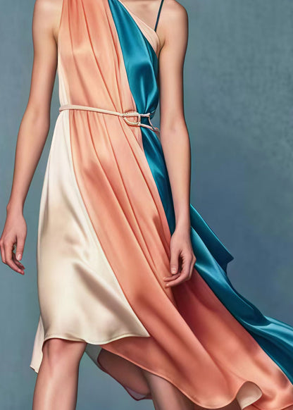 French Colorblock One Shoulder Design Patchwork Silk Vestidos Dress Summer