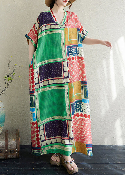 French Colorblock Oversized Print Cotton Vacation Dress Summer