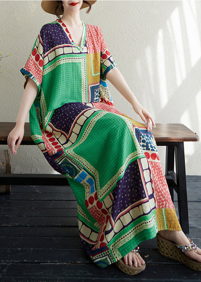 French Colorblock Oversized Print Cotton Vacation Dress Summer