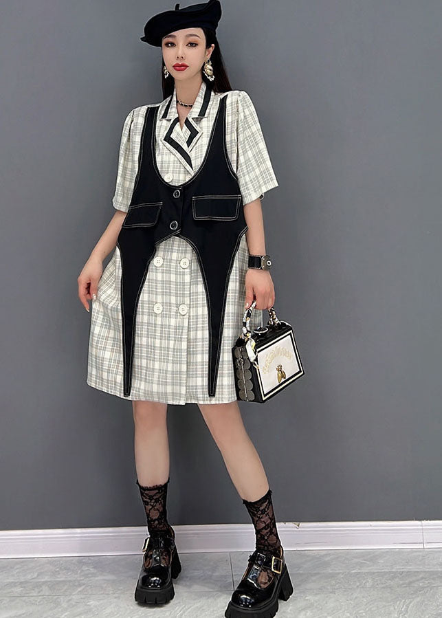 French Colorblock Peter Pan Collar Patchwork Plaid Cotton Fake Two Piece Dresses Short Sleeve