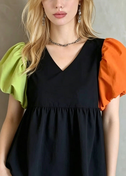 French Colorblock Puff Sleeve Patchwork Cotton Shirt Top