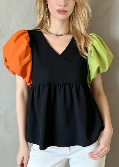French Colorblock Puff Sleeve Patchwork Cotton Shirt Top