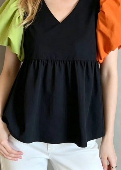 French Colorblock Puff Sleeve Patchwork Cotton Shirt Top