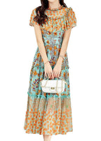 French Colorblock Ruffled Patchwork Print Silk Long Dresses Summer
