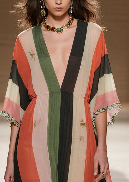 French Colorblock Striped Draping Chiffon Maxi Dresses Summer