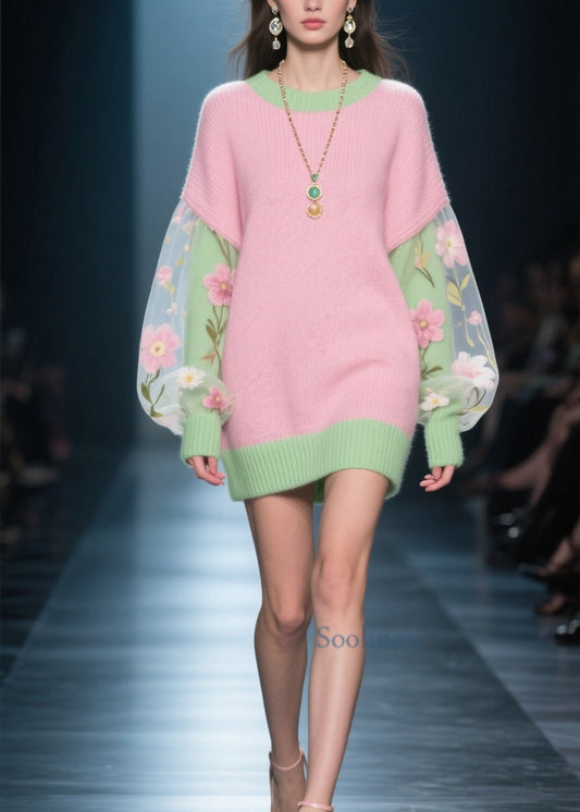 French Colorblock Tulle Floral Patchwork Knit Sweater Dress Winter